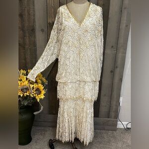 Vintage Judith Ann Creations Saks Fifth Avenue Gold Beaded Great Gatsby Dress
